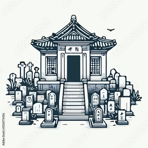 image of a Chinese burial place with a simple and minimalist flat design using a white background