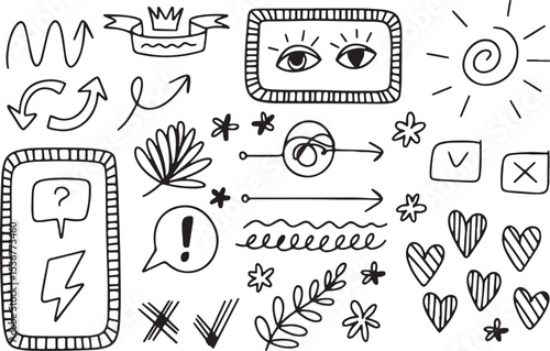 makeup and fashion doodle set, beauty cosmetics icons sketch, black and white girly vector, hand drawn lashes and crown, glamour illustration


