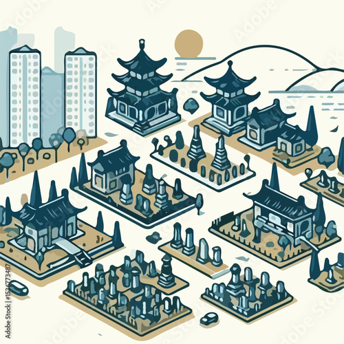 image of a Chinese burial place with a simple and minimalist flat design using a white background