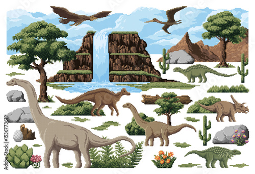 8 bit pixel prehistoric dinosaurs with jurassic nature landscape elements. Vector pixel art brontosaurus, triceratops, pterodactyl and nodosaurus dinosaurs, dino baby egg, waterfall and mountains