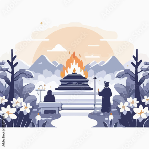 cremation ceremony image with simple and minimalist flat design using a white background