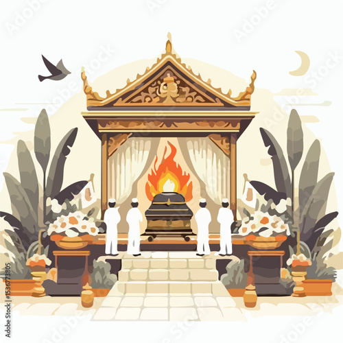 cremation ceremony image with simple and minimalist flat design using a white background