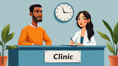Man at Hospital Reception Desk - Vector Flat Style Cartoon Illustration