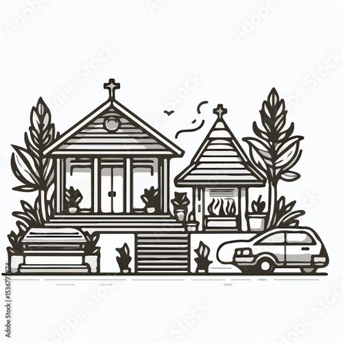 image of a crematorium with a simple and minimalist flat design using a white background