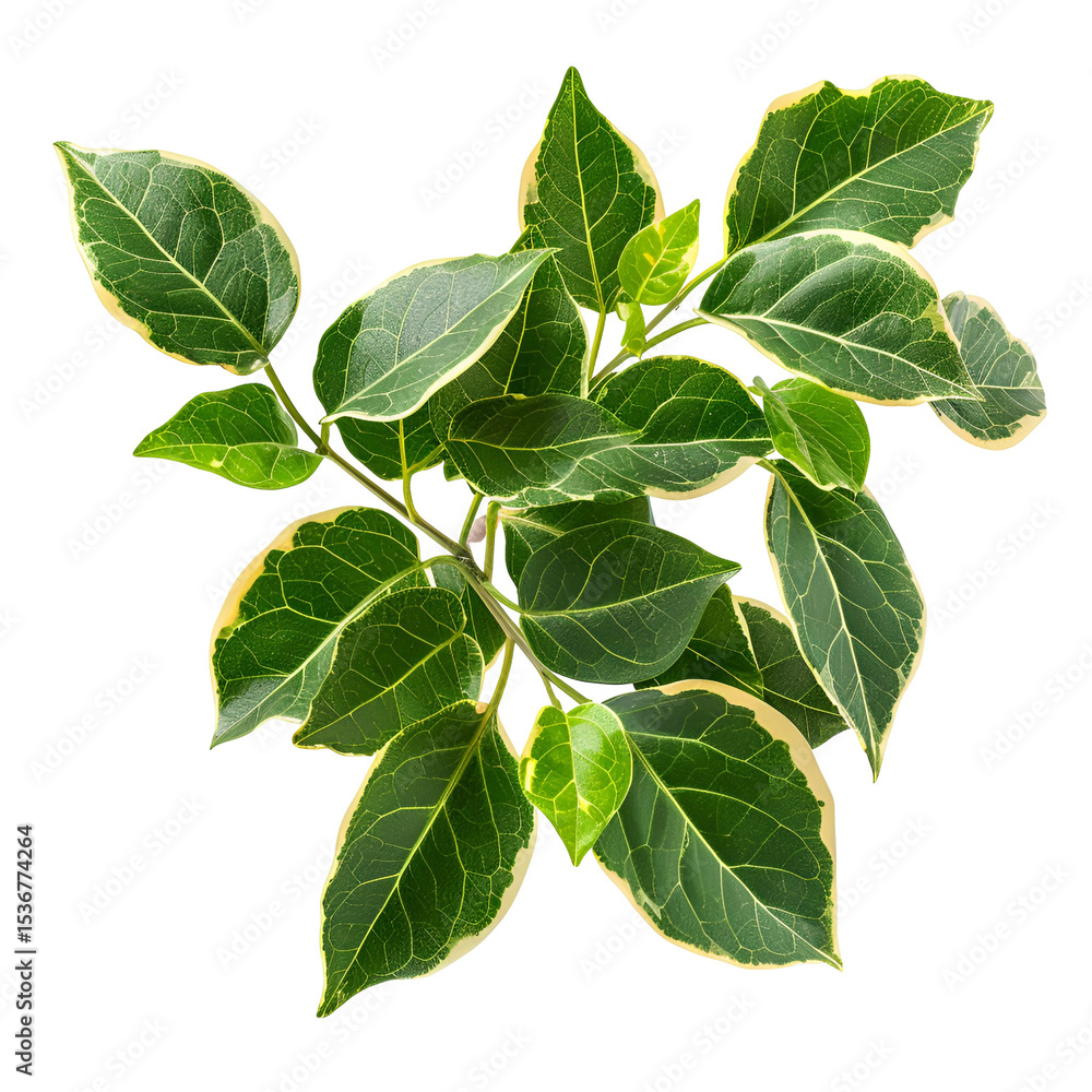 Obraz premium Green and White Variegated Ficus Leaves Branch Isolated on Black