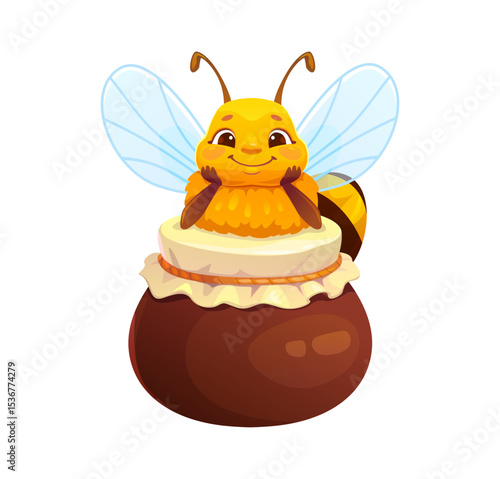 Cartoon honey bee character happily sitting on a honey jar. Cute vector insect exudes cheerful mood, highlights apiary produce, sweetness, playful beekeeping, honey harvest, and fun springtime vibes
