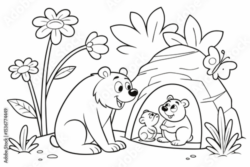 coloring page of a happy bear family, a papa bear, a mama bear, and a baby bear, sitting in front of a simple cave, surrounded by big flowers and friendly butterflies, thick bold lines, simple for kid