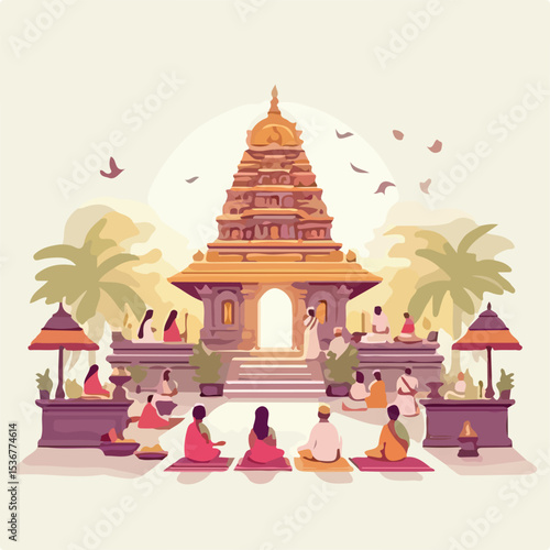 image of Hindu people praying with a simple and minimalist flat design using a white background