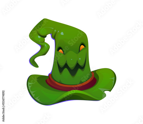 Cartoon Halloween witch and wizard hat with creepy face expression. Isolated vector old green pointed cap with yellow glowing eyes and eerie smile, ready for festive mischief with spooky holiday twist
