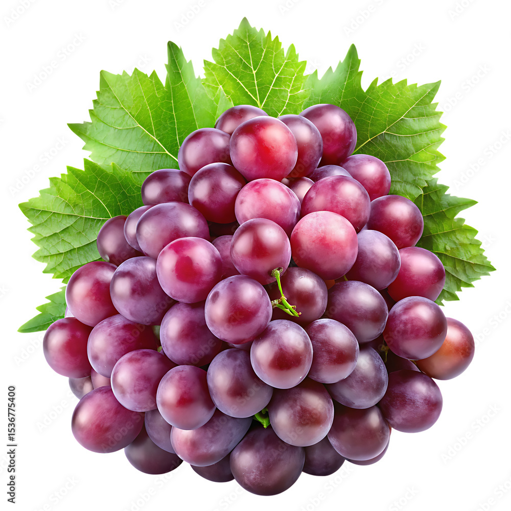 Fototapeta premium Plump bunch of purple grapes with a slight dewy shine, isolated on a white background PNG,AI GENERATED