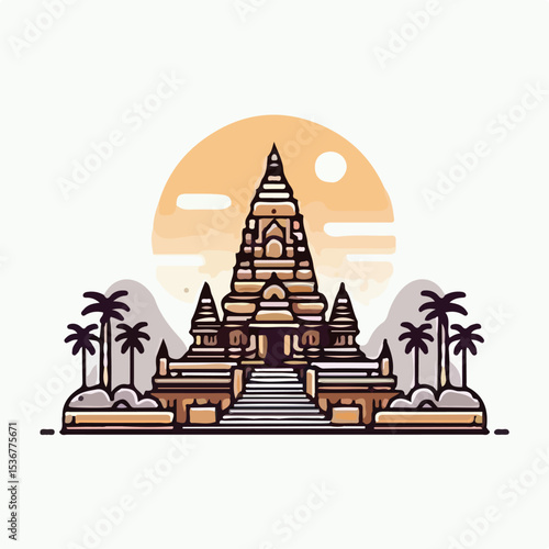 image of a monastery with a simple and minimalist flat design using a white background