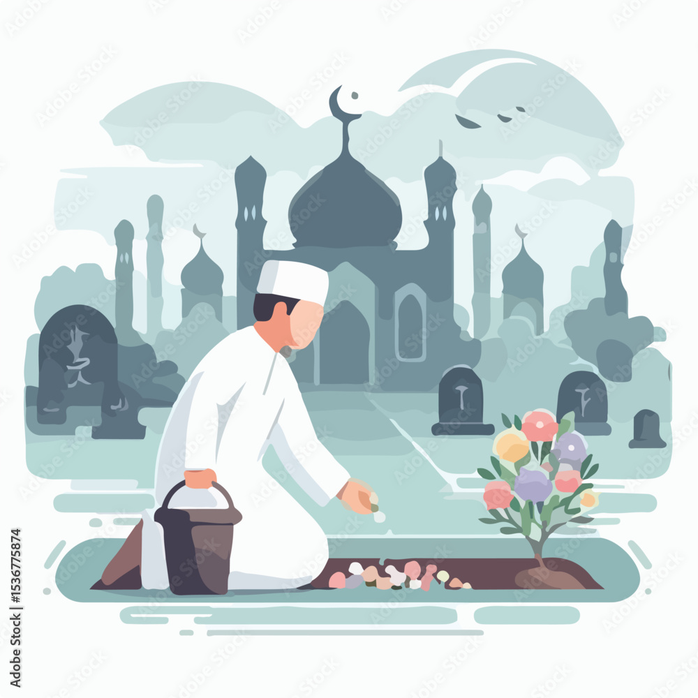 image of people scattering flowers at a cemetery with a simple and minimalist flat design using a white background image of people scattering flowers at a cemetery with a simple and minimalist flat design using a white background