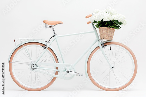 A modern bicycle stands upright against a white background, featuring a wicker basket filled with vibrant flowers, showcasing a chic and fresh look
