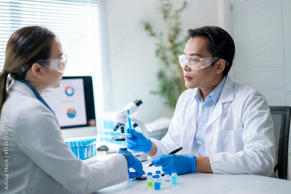 Two scientists are in a lab, one of them holding a test tube Two scientists are in a lab, one of them holding a test tube