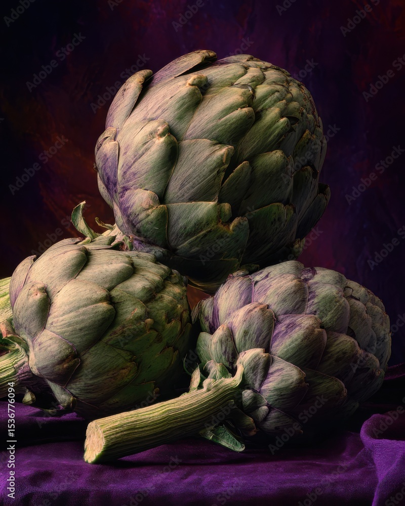 Obraz premium Artichokes Stacked on Purple Fabric, Representing Healthy Eating and Culinary Creativity for Food Bloggers and Restaurant Marketing : Generative AI