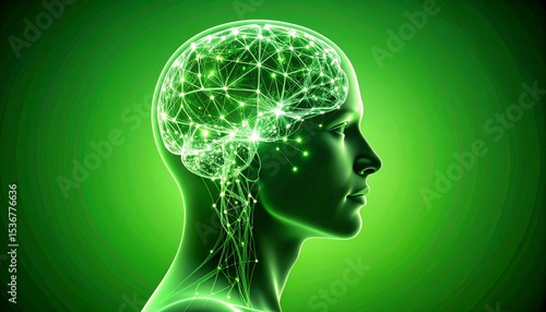 Human head silhouette with a complex network of glowing connections representing thought