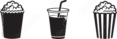 Monochrome illustrations of popcorn and beverage cups representing cinema refreshments
