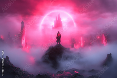 A lone figure in a dark cloak atop jagged rocks surveys a captivating, fog-drenched landscape. Surrounding structures glow in striking pink hues under a massive light arc