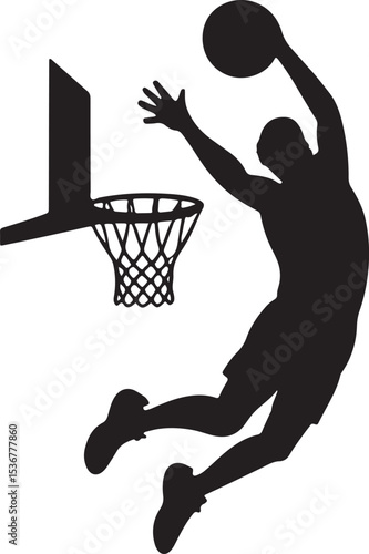 Silhouette illustration of a basketball player executing a slam dunk during a game