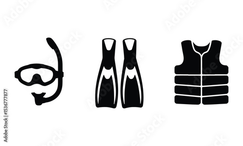 Set of iconographic black and white scuba diving equipment for watersport and adventure