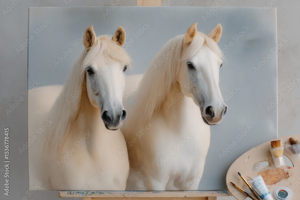 Fototapeta premium Two White Horses on Canvas in Artist's Studio, Symbolizing Partnership and Artistic Expression, Ideal for Creative Projects and Inspirational Campaigns : Generative AI