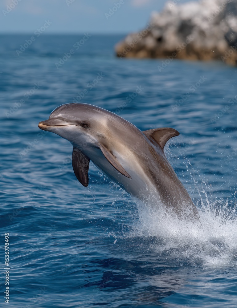Fototapeta premium Dolphin Leaping From Ocean Waters, Showcasing Marine Biodiversity and Conservation Efforts in a Vibrant Display of Wildlife and Aquatic Freedom : Generative AI