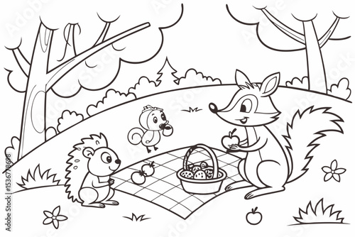 coloring book page of a forest animal picnic, with a squirrel, a hedgehog, and a deer sitting on a blanket, surrounded by simple food like apples and berries, bold outlines, fun and simple for kids