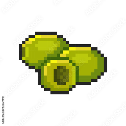 Pixel green olives isolated on transparent background. Pixelated badge, game asset or computer arcade item. Icon of a few olives. Vector pixel art illustration in 16 bit old style.