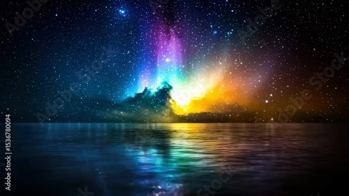 Wallpaper Mural A colorful night sky full of stars is reflected on calm water, with a vibrant aurora lighting up the horizon. Torontodigital.ca