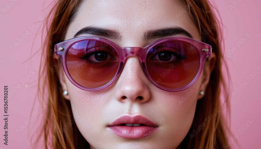 Closeup Portrait of a Confident Young Woman Wearing Pink Sunglasses Against a Pink Background Closeup Portrait of a Confident Young Woman Wearing Pink Sunglasses Against a Pink Background