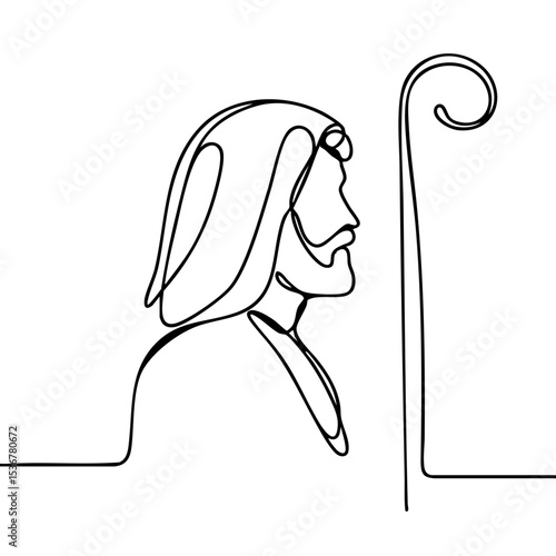 One-line drawing of a biblical character with a shepherd's staff  