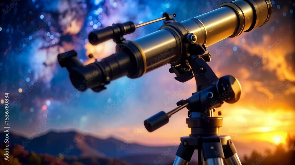 Telescope on tripod aimed toward night sky with stars and nebula, observing the cosmos and celestial events from a scenic hilltop landscape. Telescope on tripod aimed toward night sky with stars and nebula, observing the cosmos and celestial events from a scenic hilltop landscape.