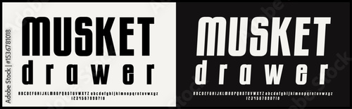 Condensed sans serif vector font. Alphabet vector with uppercase, lowercase, and number. Tall and bold typography. 