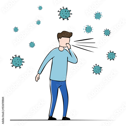 Cartoon stick figure vector illustration of an ill person coughing or sneezing, transmitting flu or COVID-19 infection