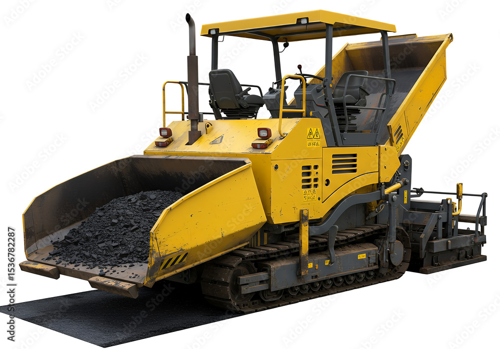 Fototapeta premium Yellow Asphalt Paver Machine Loaded with Aggregate on a Roadway