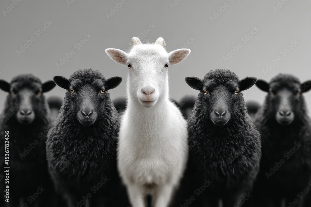 Fototapeta premium White Goat Standing Out Among Black Sheep, Symbolizing Individuality and Nonconformity in a Group Setting, Ideal for Business Strategy and Career Development : Generative AI