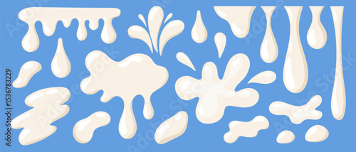 Dairy splash set. White milk or yogurt blots, drops, swirl, pour, splashes, and shapes for logo, emblems, sticker, label. Nature organic products. Flat vector illustration isolated on blue background