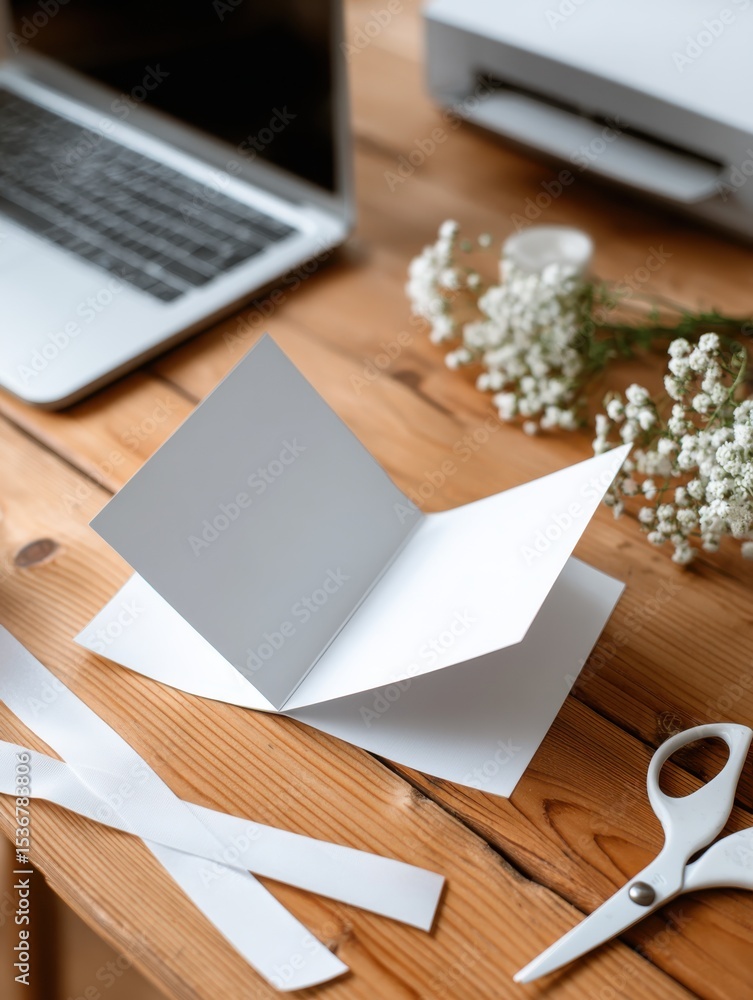 Blank Greeting Card on Wooden Desk with Laptop and Flowers, Ideal for Crafting Tutorials and Personalized Communication : Generative AI Blank Greeting Card on Wooden Desk with Laptop and Flowers, Ideal for Crafting Tutorials and Personalized Communication : Generative AI