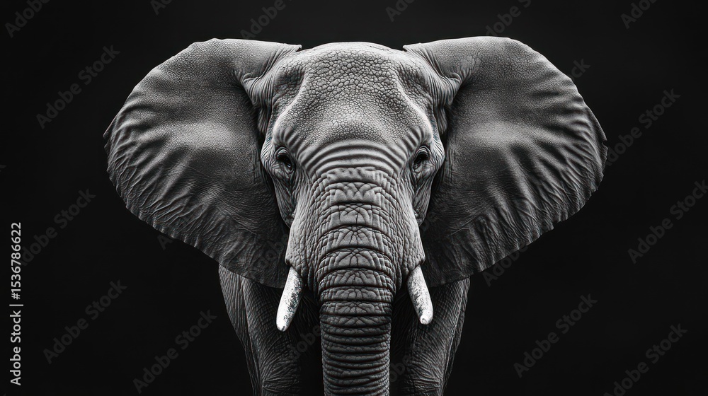 Fototapeta premium Striking greyscale close-up of an elephant face with large ears against a dark background