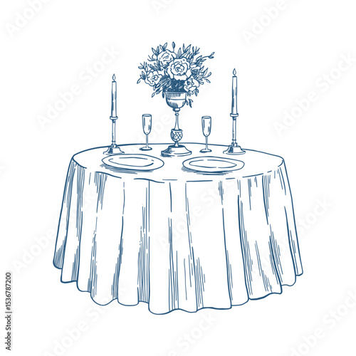 Toile de Jouy inspired wedding table illustration. Wedding hand dawn ceremony icon. Elegant line art minimalist venue sketch. Elements for wedding, monogram, invitation, greeting, birthday card.