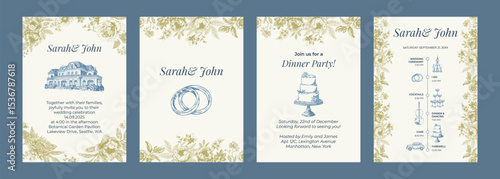 Toile de Jouy inspired wedding wedding invitation. Wedding hand dawn ceremony card. Elegant line art minimalist venue sketch. Elements for wedding, monogram, invitation, greeting, birthday card.