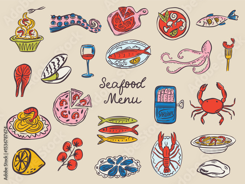 Whimsical hand drawn sea food illustrations in trendy whimsical style. Perfect doodle for quirky italian wedding holiday, poster, dinner and bar menu, bachelorette party, birthday invitation, sign