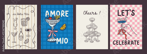 Whimsical hand drawn cocktails poster and menu template in trendy whimsical style. Perfect doodle for quirky italian dinner  restaurant and cafe, kitchen wall art, poster,  party, birthday, sign