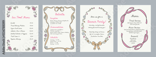 Set of spring whimsical hand-drawn pink blue orange green color frames with flowers and bows in trendy, vintage styles. Perfect for quirky holiday, wedding, birthday gift decorations