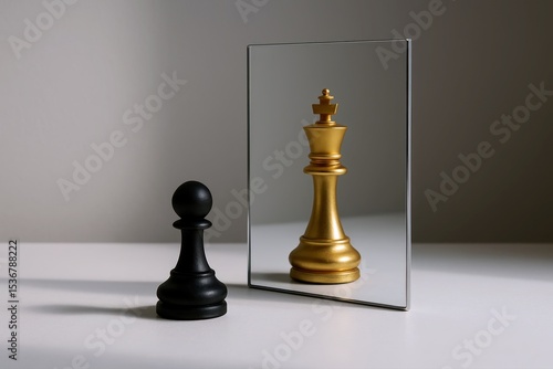 Chess Pawn's Reflection Reveals Golden King Potential, Aspiration, and Self-Image Concept