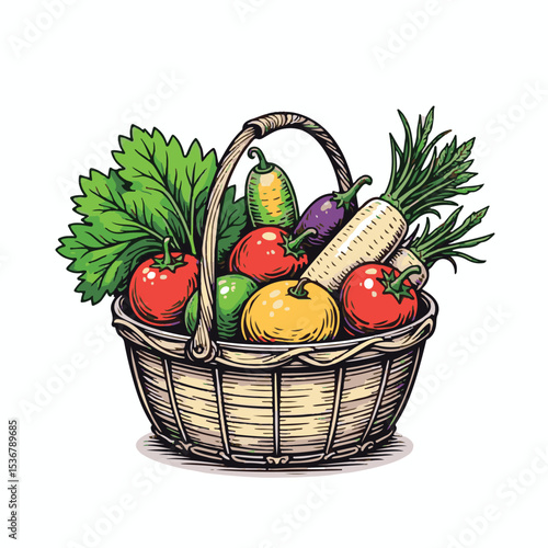 Basket of Fresh Harvest: An illustrative representation of a bountiful harvest basket, overflowing with vibrant, fresh vegetables, conveying the essence of organic goodness.