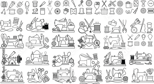 Comprehensive Collection of Sewing Icons and Equipment Illustrations