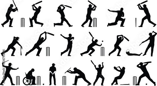 Silhouette cricket players in various actions, inclusive sports with disabled athlete, diverse poses, professional game movement, black isolated illustration