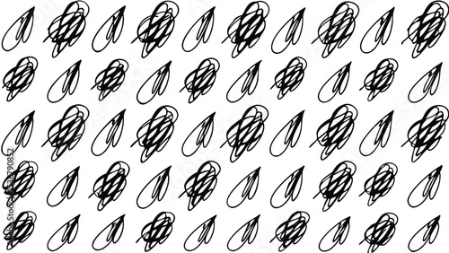 Pattern of alternating abstract shapes with dense scribbles and simple teardrop loops filling the frame