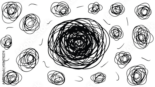 A chaotic arrangement of freeform scribbles and doodles scattered across a white background design art